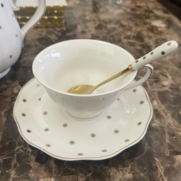 7pc white & gold polkadot Teapot, spoons, Cup & Saucer boxed by Grace teaware - Picture 9 of 16